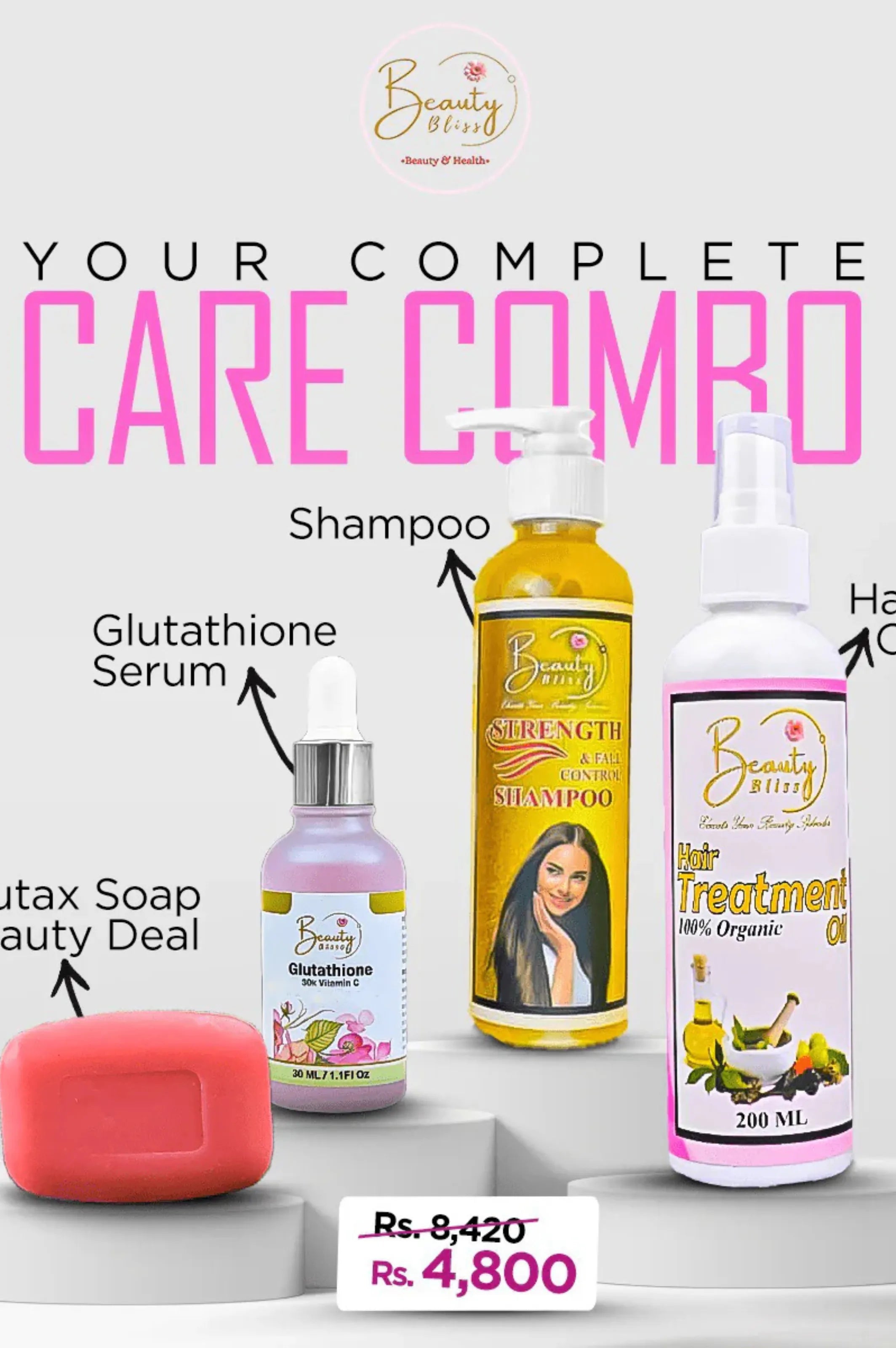 Big Pack Of 4 Hair Oil + Shampoo + Glutathione Serum +Glutax Soap Beauty Deal